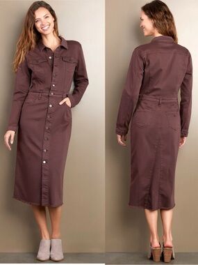 Wash Lab Brown Piece Dyed Denim Dress XL Dark Chocolate Midi Stretch